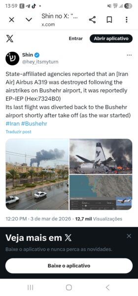 Agências ligadas ao Estado relataram que um Airbus A319 da [Iran Air] foi destruído após os ataques aéreos no aeroporto de Bushehr; a aeronave era supostamente de matrícula EP-IEP (Hex:7324B0). Seu último voo foi desviado de volta para o aeroporto de Bushehr pouco depois da decolagem (com o início da guerra).